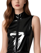 Sleeveless Latex Tops for Women,Black Latex T-Shirts with Front Zipper,Handmade Rubber Blouses