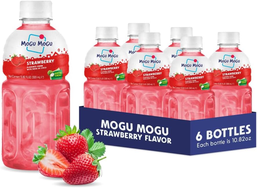 Mogu Mogu Strawberry Juice Drink with Nata de Coco (Coconut Jelly) – Chewy Fruit Beverage for Kids & Adults, 6 Pack Bottles, 10.82 fl oz Each