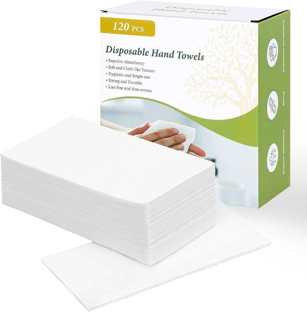 120 Pack Disposable Paper Hand Towels for Bathroom, Linen-Feel 12" x 17" Single-Use Bathroom Napkins for Guests, Disposable Cloth-Like Hand Tissue Paper, 55 GSM, White