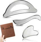 Rena Chris Gua Sha & Muscle Scraper Tool, Stainless Steel Body & Face Gua Sha Set for Deep Tissue Massage & Lymphatic Drainage, Guide & Travel Pouch Included (3-Piece Kit)