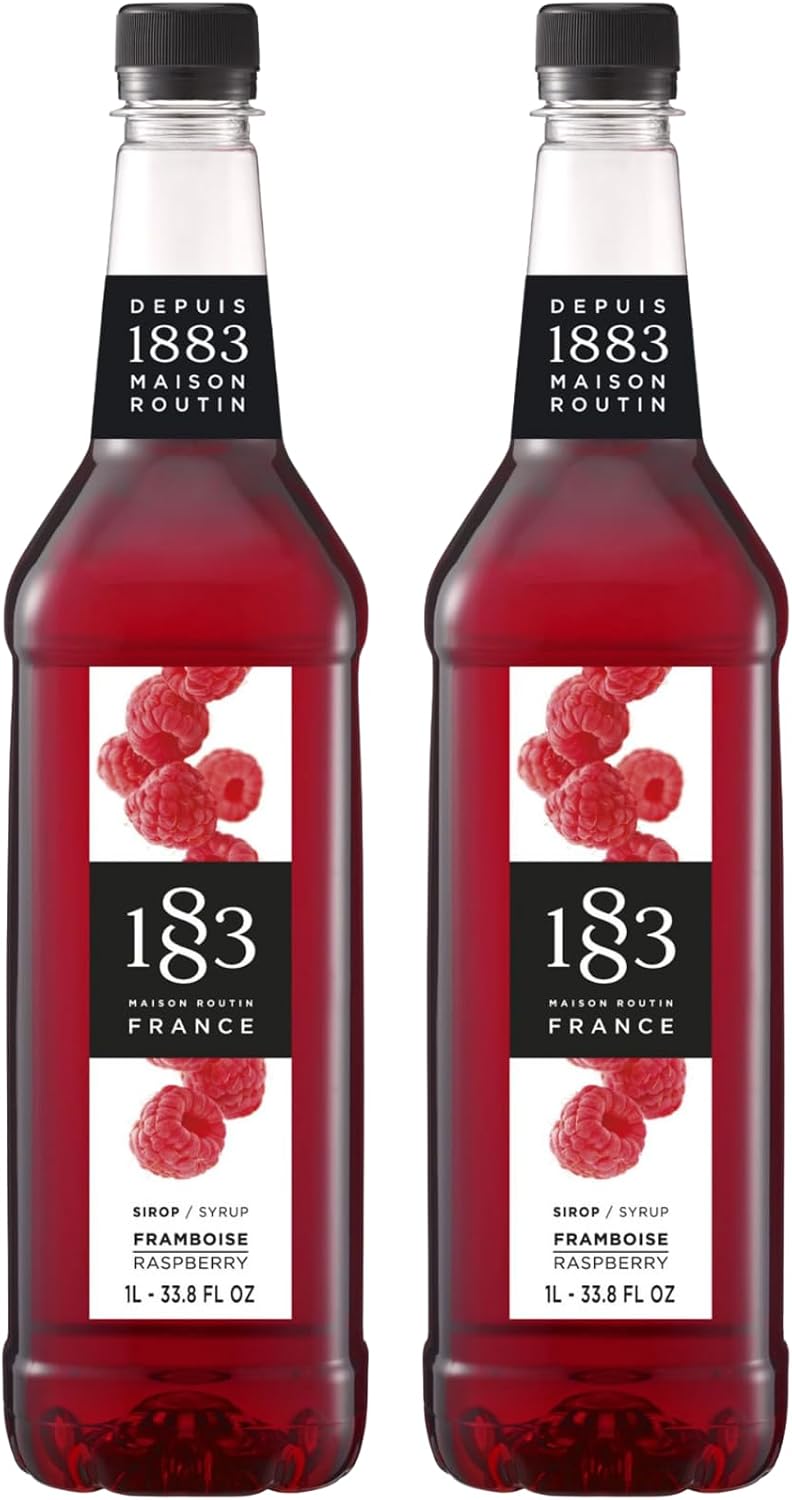 1883 Maison Routin Raspberry Syrup, Made in France, Rich Taste of Ripe Raspberries, Vegan, Gluten-Free, Kosher, Non-GMO, 2 Count of 1 Liter Bottles