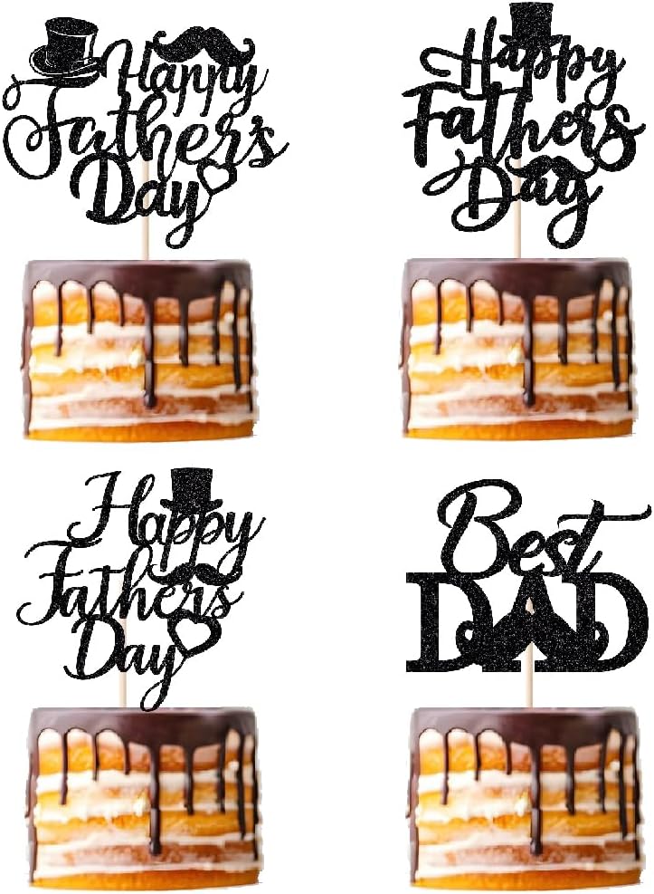 24 PCS Happy Father's Day Cupcake Toppers，Dad Birthday Themed Decoration，Father's Day Black Glitter Birthday Cake Decoration Dad Party Supplies