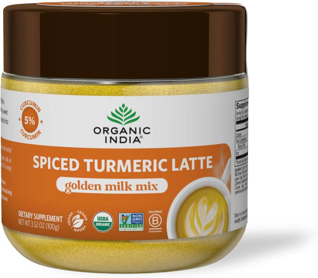 Organic India Spiced Turmeric Latte Powder - Golden Milk Mix, Authentic Blend, Gold Tea Drink, With Ginger and Cinnamon, Vegan, Ayurvedic Herbs, Caffeine Free, Zero Added Sugar - 3.52 Oz