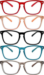 SIGVAN 5 Pack Blue Light Blocking Reading Glasses Fashion Square Computer Readers for Women Men, Anti UV Ray Nerd Eyeglasses (5C A, 0)
