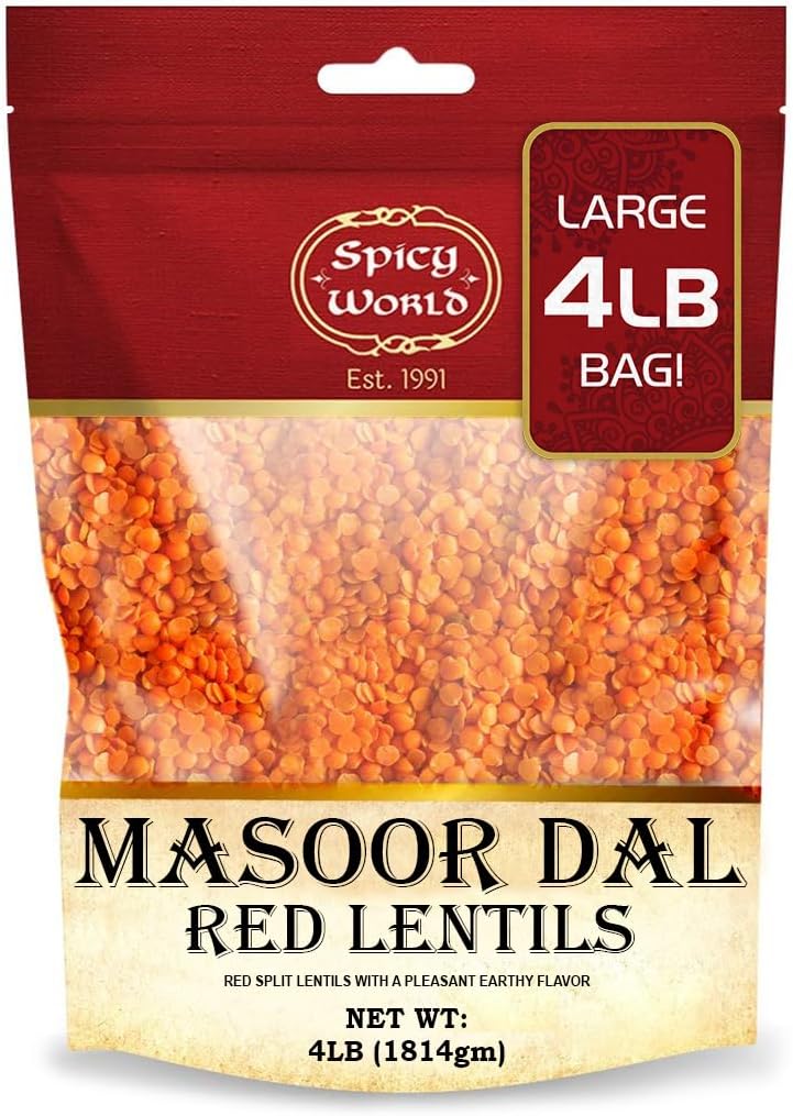 Masoor Dal 4 Pound Bag - Split Red Lentils Dry - All Natural, Pure, Vegan - Resealable Bag by Spicy World