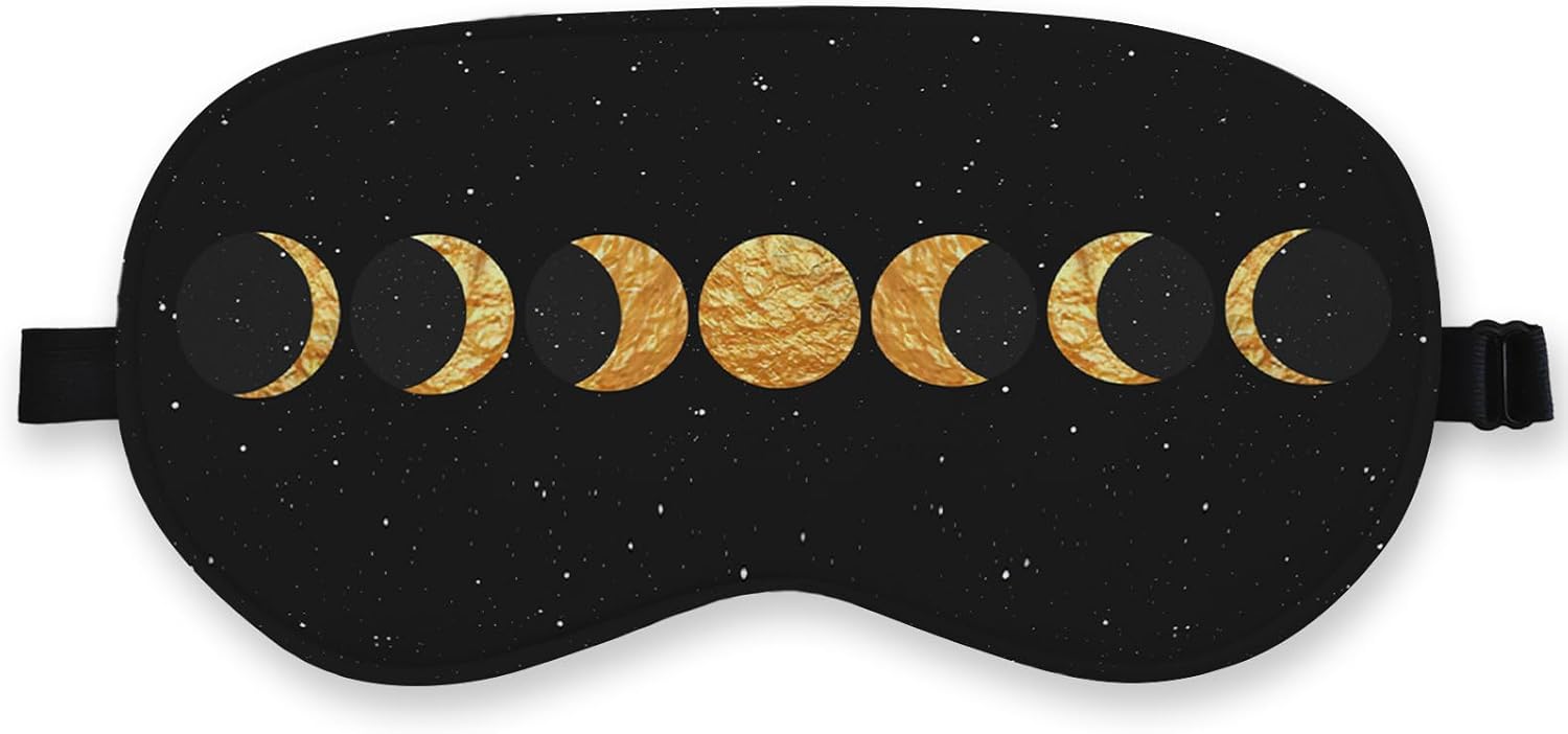 Boho Sun Moon Silk Eye Mask for Sleeping,Black Gold Moon Blindfold Adjustable Strap Night Sleep Mask for Women Girls, Dorm Airplane Travel Nap, Boho Moon Phase Sleeping Mask Eye Cover