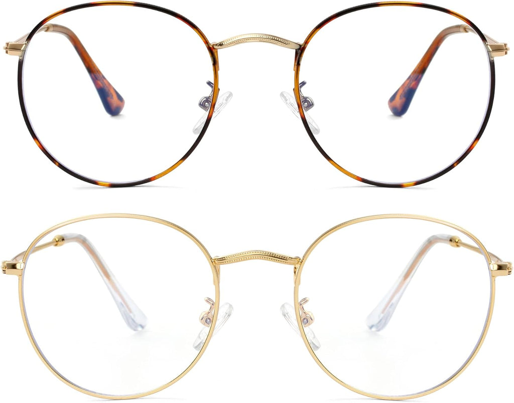 Onrtry Circle Blue Light Glasses for Women Men Round Metal Frame Computer Gaming Eyeglasses 2 Pack