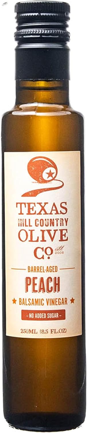 Peach Balsamic Vinegar - Gourmet Barrel Aged Infused Balsamic Vinegar - Great for Dressing Dipping Glazing - No Artificial Flavors or Added Sugar - Made in Texas (8.5 oz)