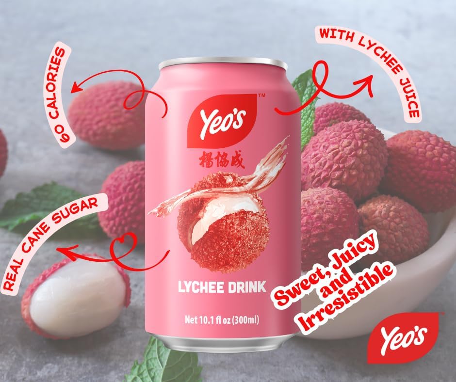 Yeo’s Lychee Drink 10.1 fl oz – Sweet Tropical Lychee Fruit Beverage, Ready to Drink, Serve Chilled or Over Ice (Pack of 24 Cans)