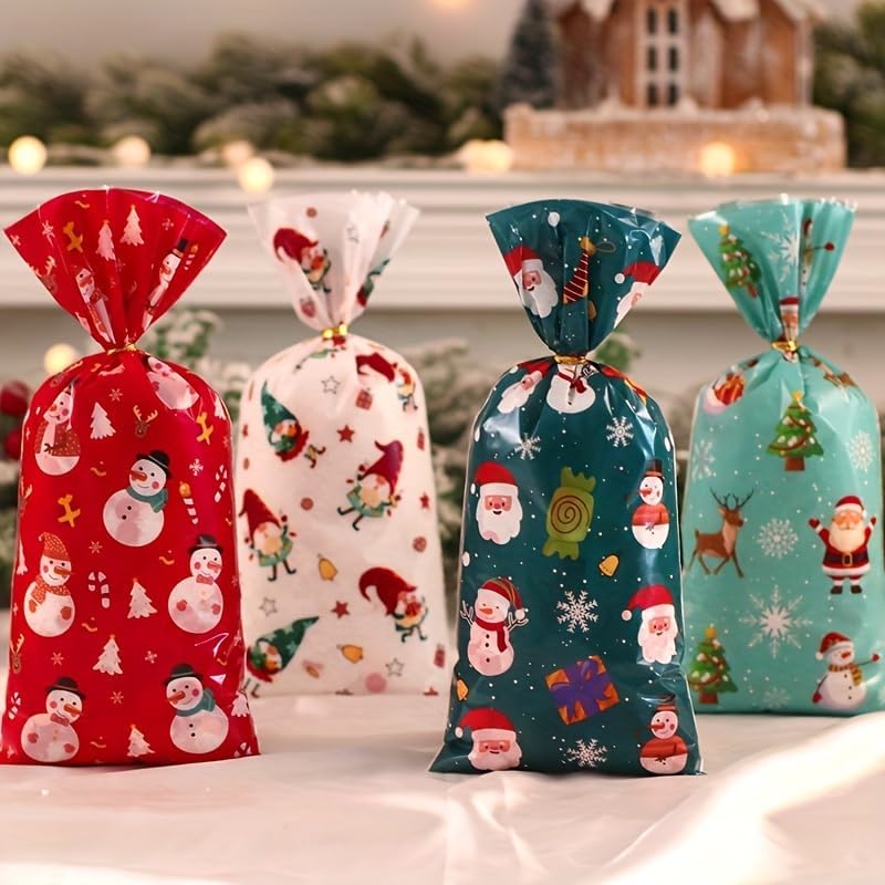 25pcs Christmas Candy Bag, Santa Claus Snowmen Pattern, Christmas Party Gift Packaging Bag Decor Candy Bags
