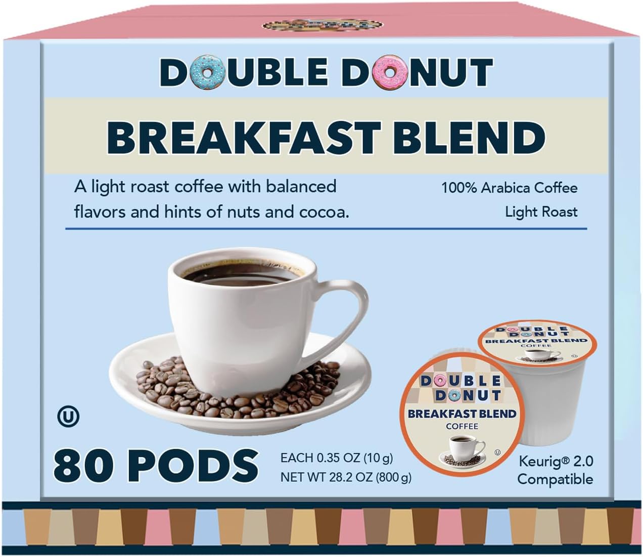 Double Donut Coffee Breakfast Blend Coffee Pods, Light Roast Coffee in Recyclable Single-Serve Pods for Keurig K Cups Brewer Machines, 80 Count Bulk Pack, original version