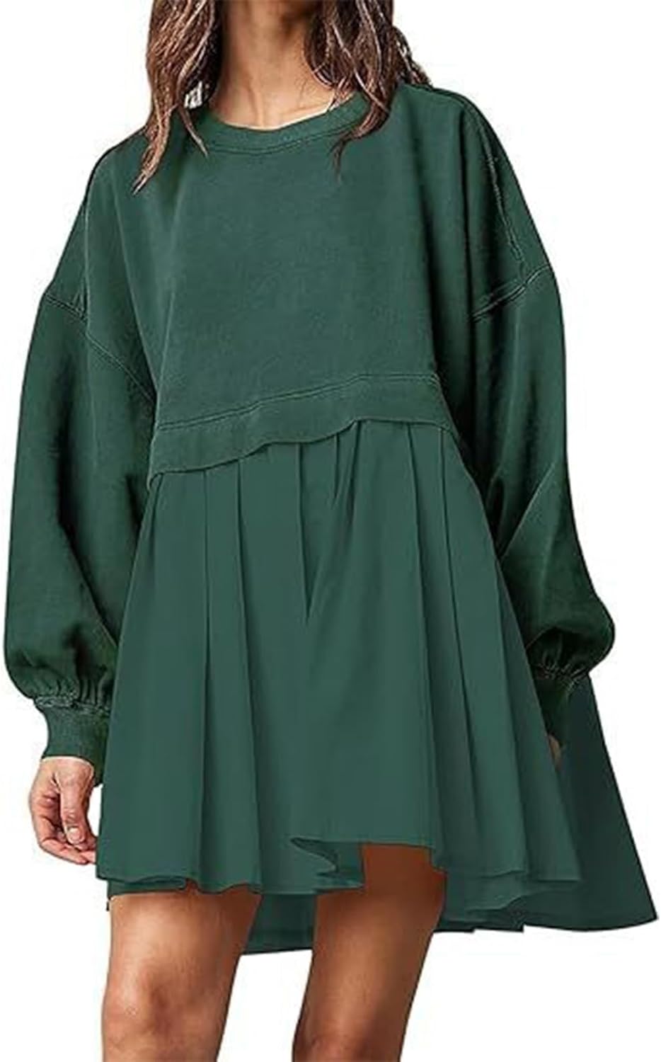 Womens Pleated Sweatshirt Dress Casual Long Sleeve A Line Lightweight Patchwork Crewneck Dresses Fall Trendy