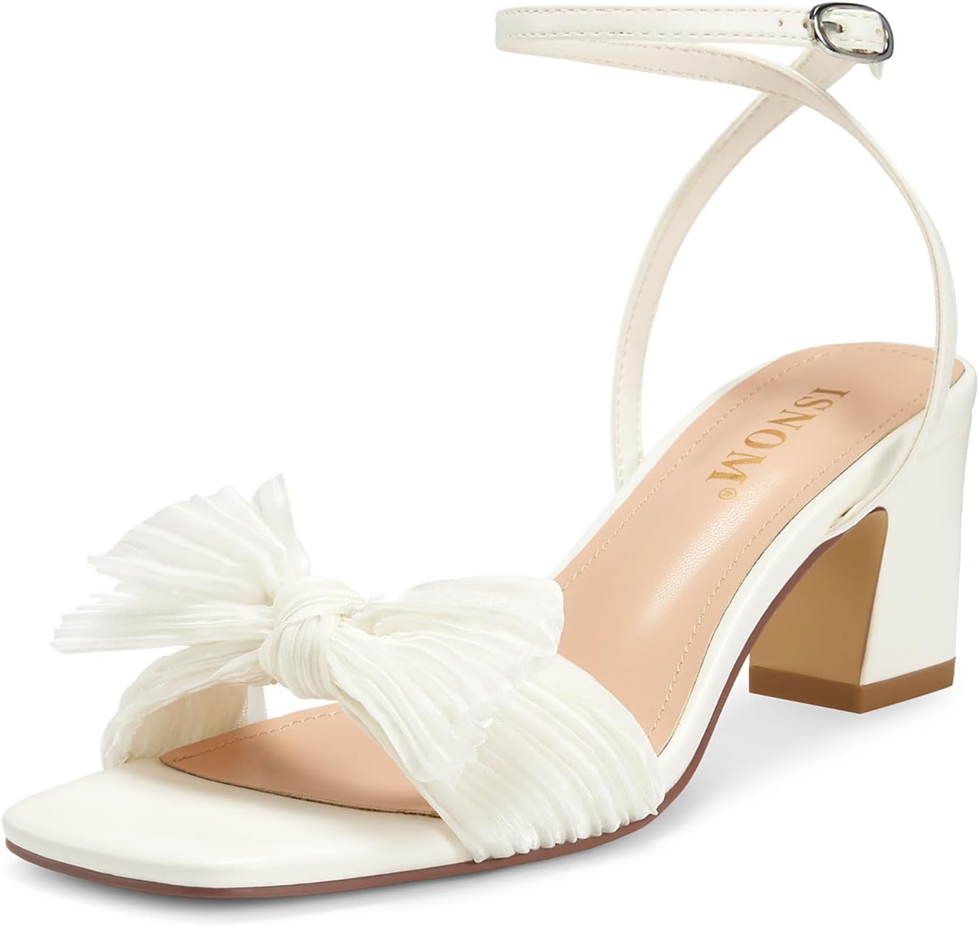 ISNOM Women's Bow Knot Heeled Sandals Ankle Buckle Strap Open Toe Block Chunky Heels Bride Wedding Party Fashion Heel