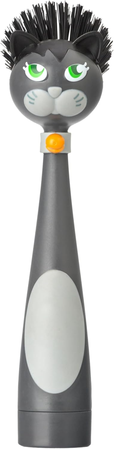 Vigar Felix Cat-Shaped Soap Dispensing Dish Brush, Dish Brush with Soap Dispenser for Pot Scrubber, Dishes, Sink, and Kitchen Essentials, Black, Gray