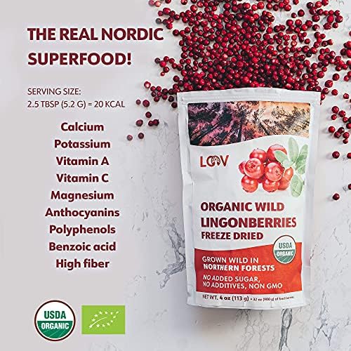 Organic Whole Lingonberries – Freeze-Dried Wild Nordic Superberry, Traditional Scandinavian–Swedish Food – Pure, 100% Natural, Non-GMO & No Added Sugar – 4oz (34 Servings)