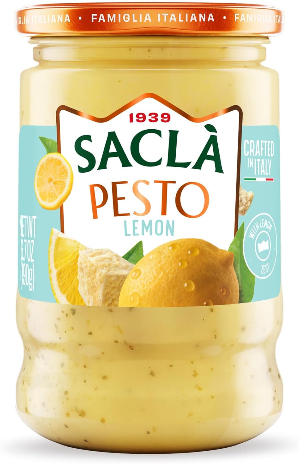 SACLA Lemon Pesto | Bright & Citrusy Italian Pesto Sauce with Lemon Zest & Almonds | 6.7 oz Jar – Non-GMO, Vegetarian | Imported from Italy