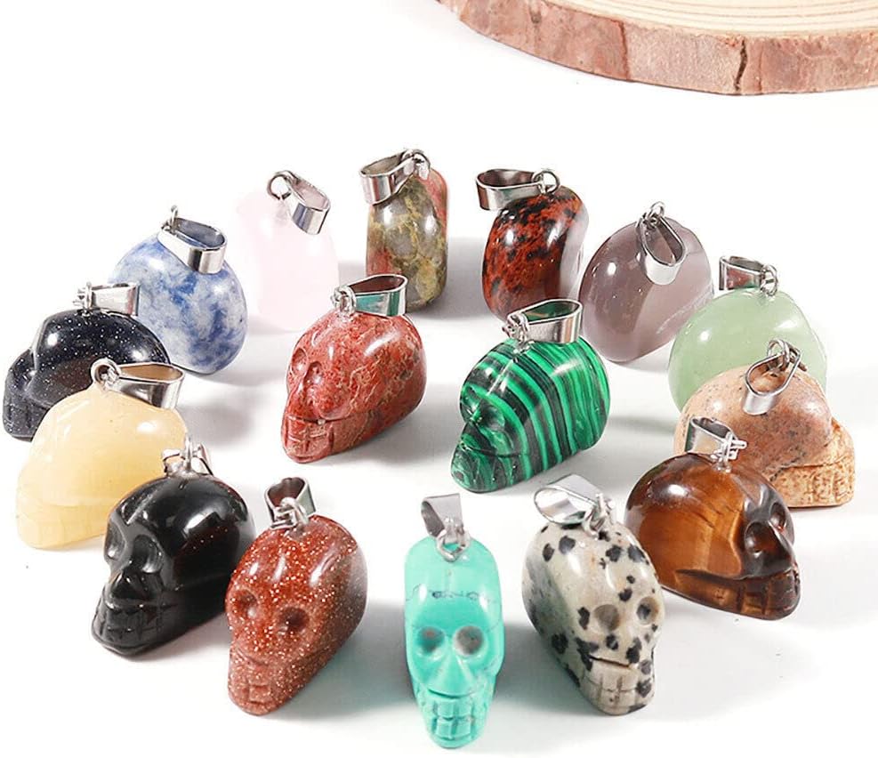 12pcs Natural Carved Skull Mixed Stone Pendants Healing Crystal Quartz Chakra Reiki Gemstone Charms for Necklace Jewelry