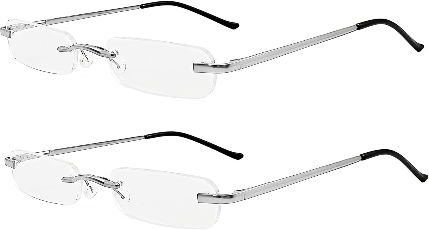 Mini Rimless Reading Glasses - Slim Compact Metal Readers with Spring Hinge for Men and Women 2 Pairs