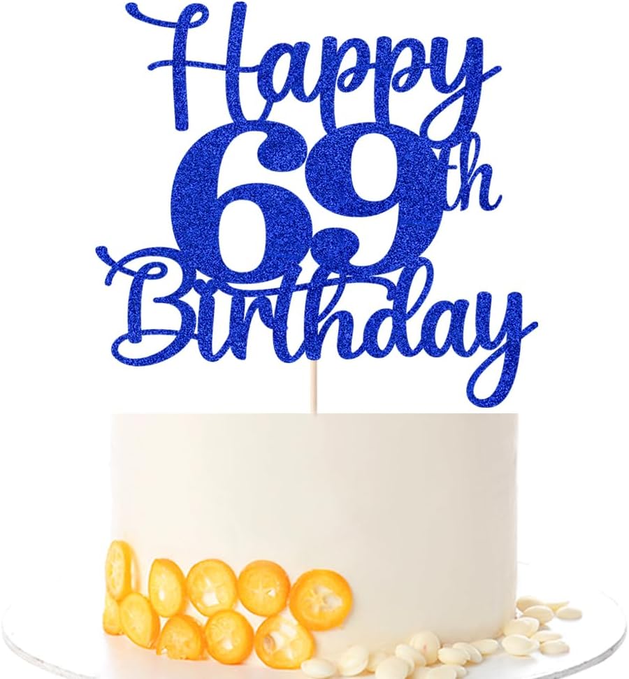 Kaoenla Glitter Happy 69th Birthday Cake Topper,Hello 69，Cheers to 69 Years,69th Anniversary /69 years old birthday Party Decor (69th, blue)