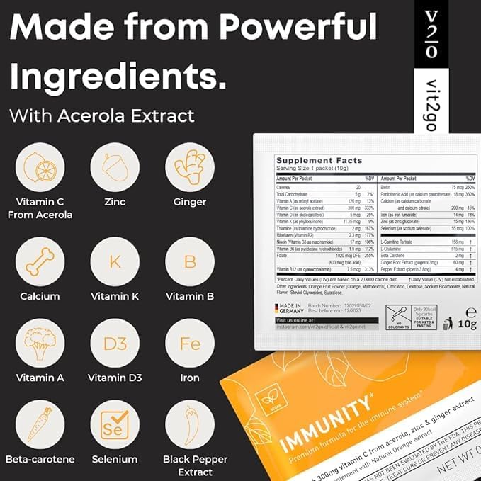 Immunity Booster Powder, Easy to Use Vegan Immune Booster with Vitamin D, A, B, C, & K, NRV Zinc, Plus Ginger Extract (25 Portions) (Normal)