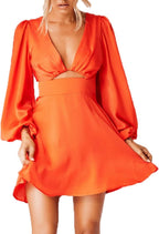 Women's Dress Satin Deep V-Neck Long Sleeve Mini Dress Silk Lantern Sleeve A-Line Front Cut Out Dresses