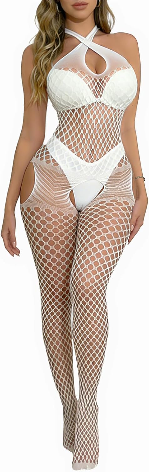 Sesiwadbe Lingerie for Women Bodystocking Attached Thigh High Stockings One Piece Bobydoll Bodysuit Sexy Tights