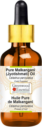 Greenwood Essential Pure Malkangani (Malkangni/Jyotishmati) Oil (Celastrus paniculatus) with Glass Dropper Cold Pressed 10ml (0.33 oz)
