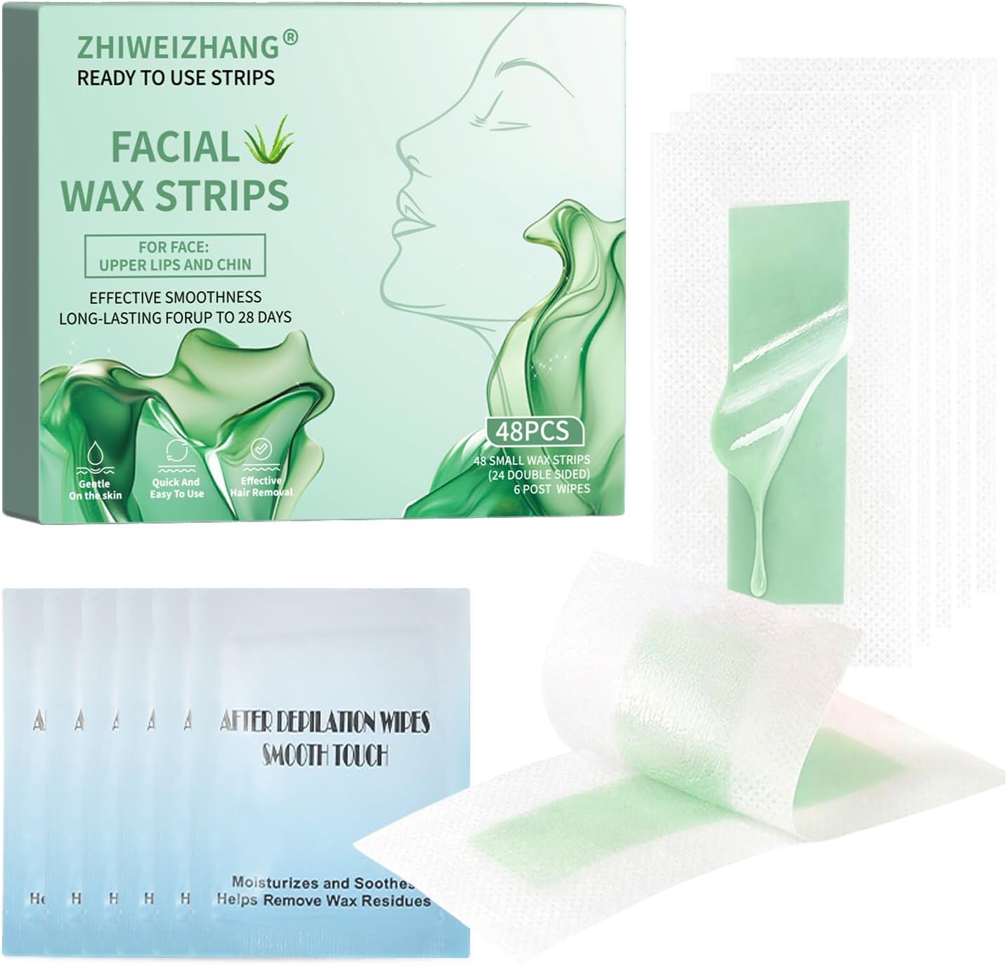 48 PCS Facial Wax Strips for Hair Removal on Face & Body | Gentle Aloe Vera Extract Formula for Sensitive Skin | At-Home Waxing Kit for Eyebrows, Upper Lip, Bikini, Brazilian with 6 Calming Oil Wipes