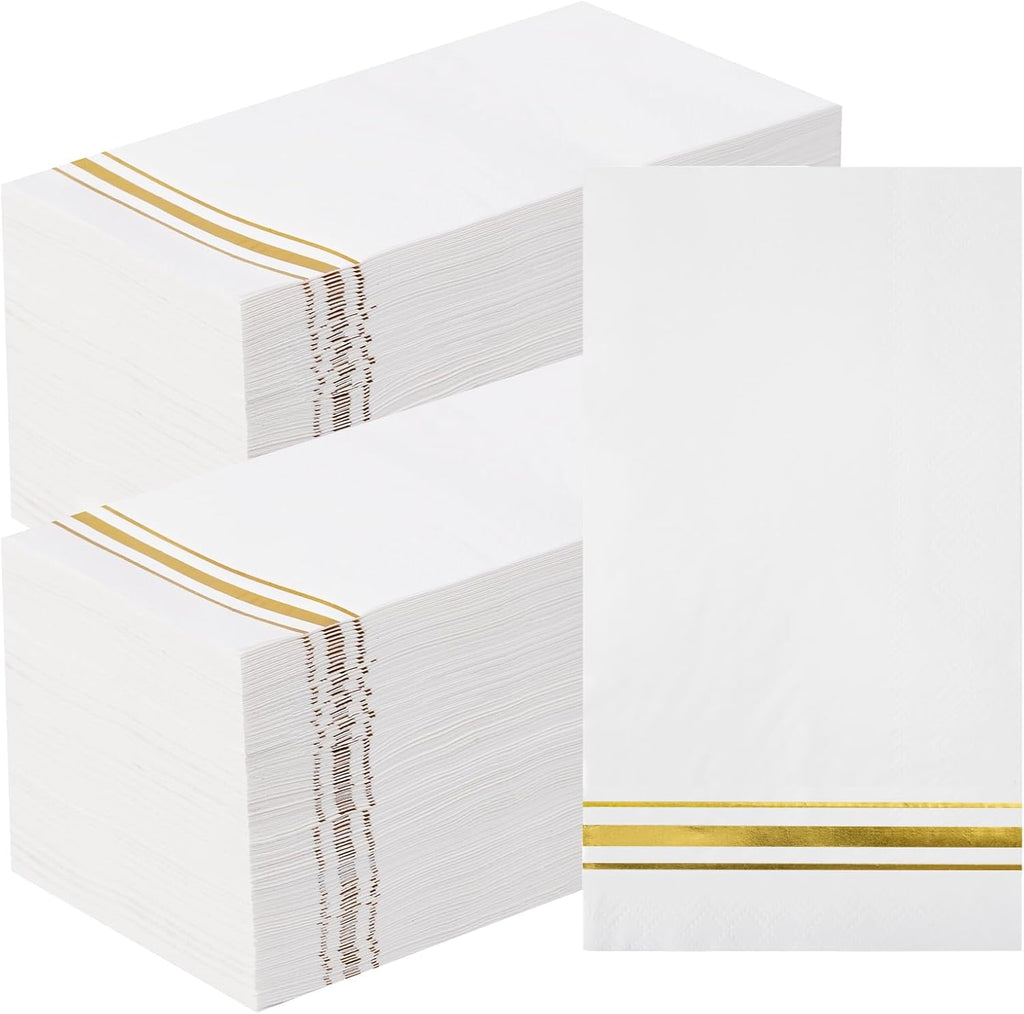 200 Gold Trim Lined Paper Napkins Elegant Dinner Napkins, 3 Ply White and Gold Foil Guest Napkins Disposable Hand Towels for Bathroom Wedding Anniversary Bridal Baby Shower Birthday Party