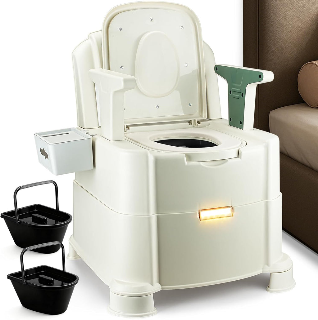 Bedside Commode, 880lbs Heavy Duty & Upgraded Commode Toilet Potty Chair, Portable Camping Toilet, Detachable Armrests, Automatic LED Light, 2-Level Height, 3 Rolls of Commode Liners 【Green】
