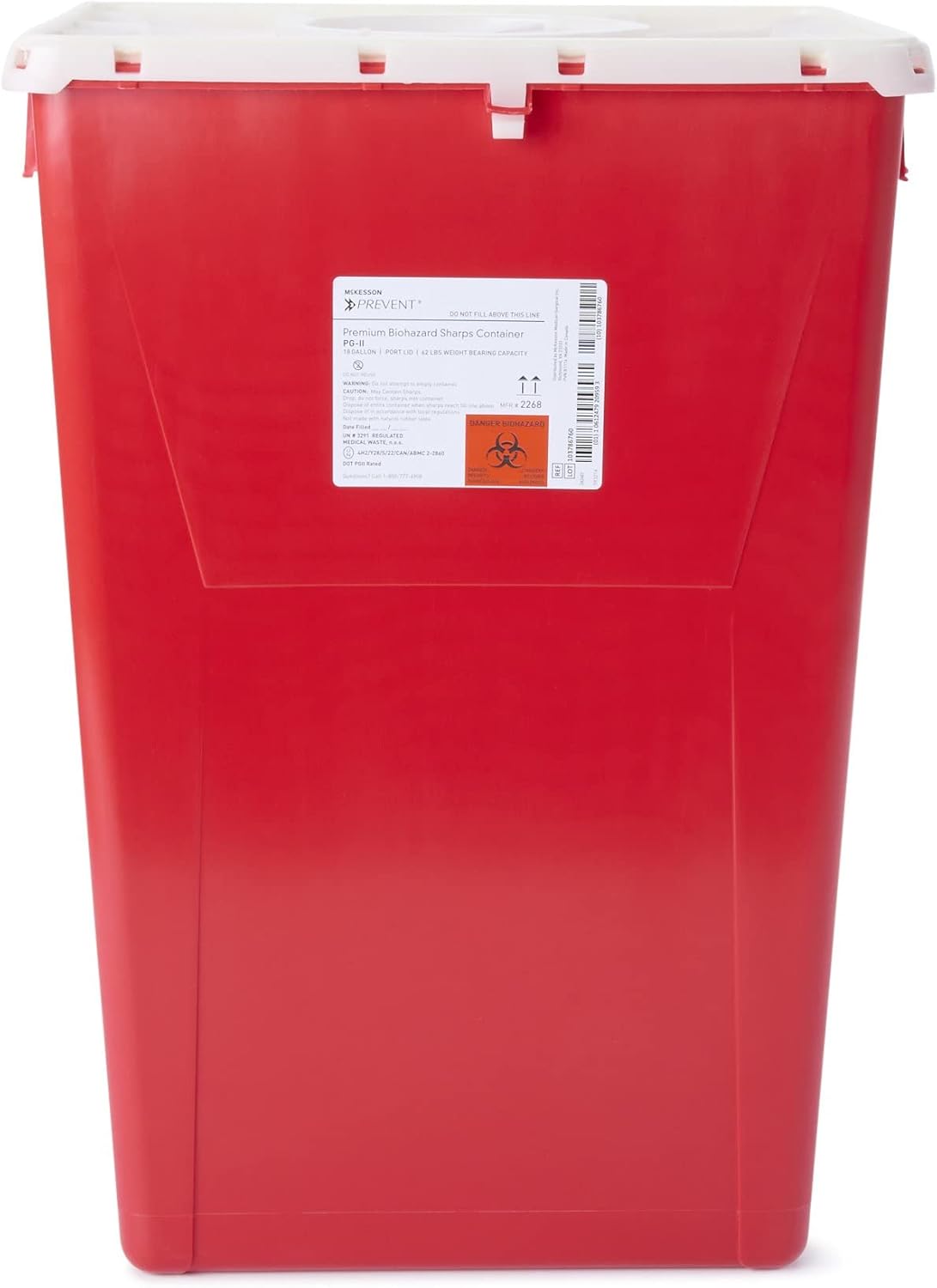 McKesson Prevent Premium Biohazard Sharps Container - Vertical Entry, Rotating Lid - Red and White, 18 gal, 13 in x 17 3/10 in x 24 3/5 in, 1 Count