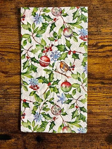 IHR Ideal Home Range Dinner Napkins Disposable 3-Ply Paper Guest Hand Towels, 8.5" x 4.5", Christmas Holly, 16-Count