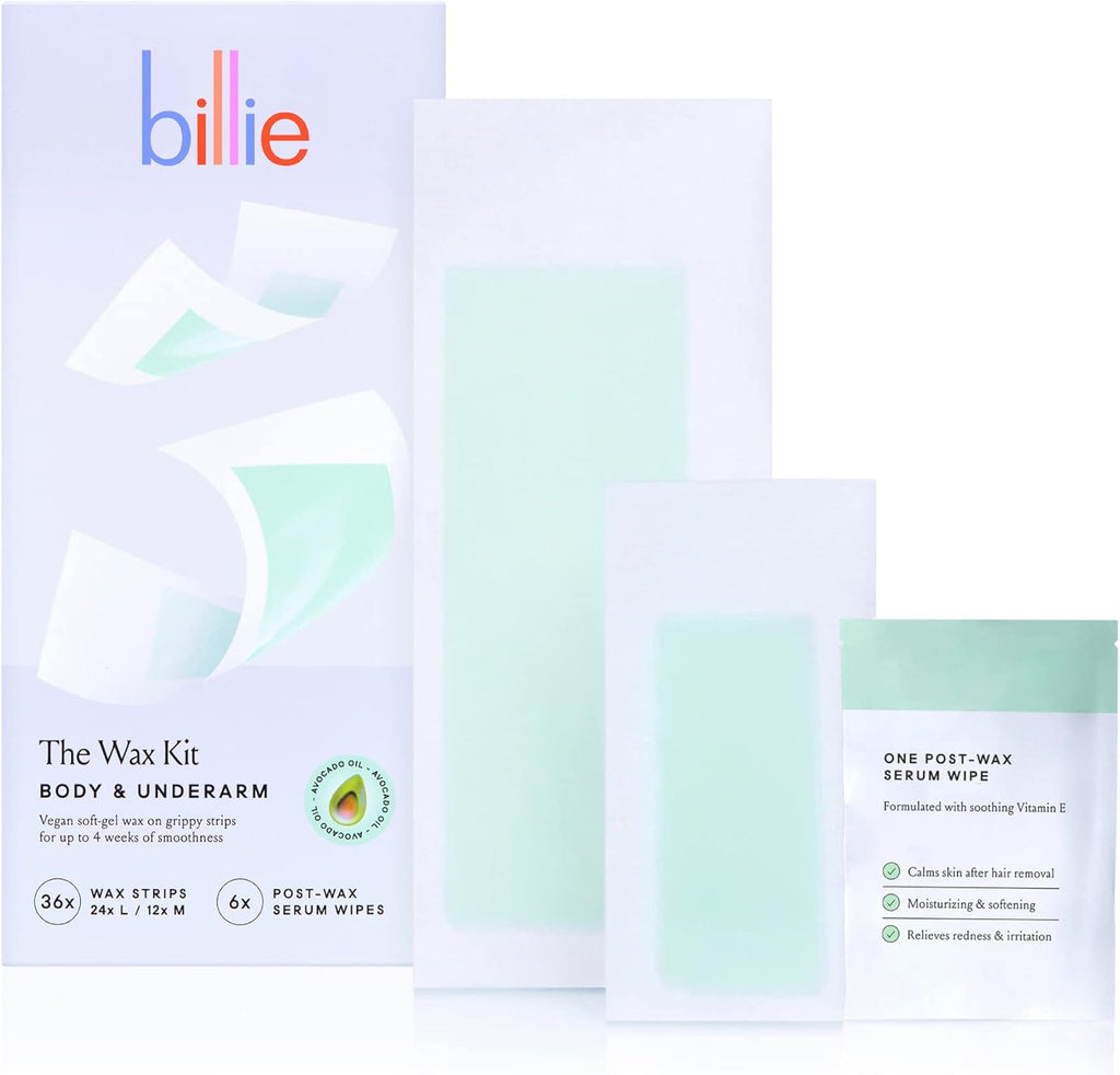 Billie Wax Kit - Body & Underarm - Easy & Convenient - No Heat - Made With Aloe & Avocado Oil - Vegan Soft-Gel - 36 wax strips - 6 post-wax serum wipes