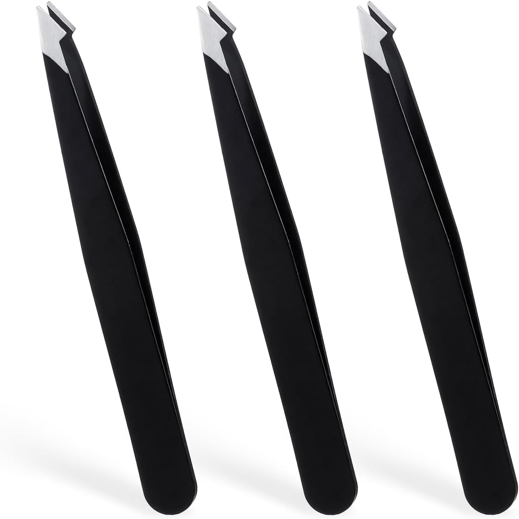 3 Pack Tweezers for Eyebrows, Stainless Steel Pointed Tip Ingrown Hair Removal Tweezers Black Slanted Angled Tweezer Set for Women Men Precision for Eyebrows Facial Ingrown Hair and Splinter Removal