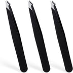 3 Pack Tweezers for Eyebrows, Stainless Steel Pointed Tip Ingrown Hair Removal Tweezers Black Slanted Angled Tweezer Set for Women Men Precision for Eyebrows Facial Ingrown Hair and Splinter Removal