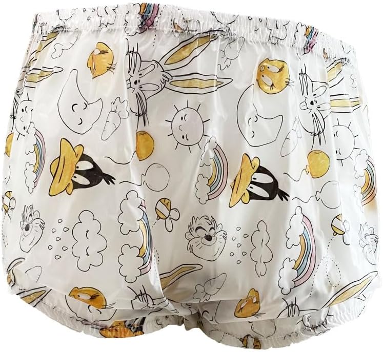 High-Waisted Adult Incontinence Pull-on Plastic Printed Waterproof Pants (XXL, Bunny)