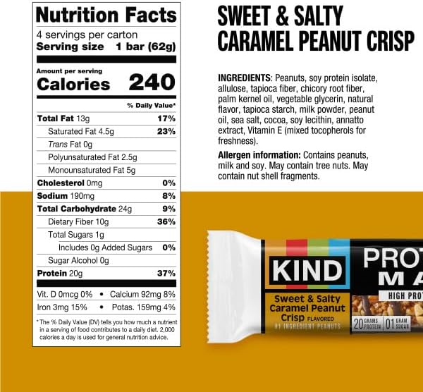 KIND Protein MAX Bars Variety Pack, Gluten Free, Low Sugar, High Fiber Snacks, Sweet & Salty Caramel Peanut Crisp, Crispy Chocolate Peanut Butter, 20g Protein, 12 Count