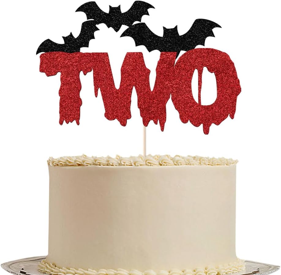 Halloween TWO Cake Topper with Black Bats, 2nd Birthday Themed Spooky Decoration for Halloween Baby second Birthday Party Supplies (TWO)