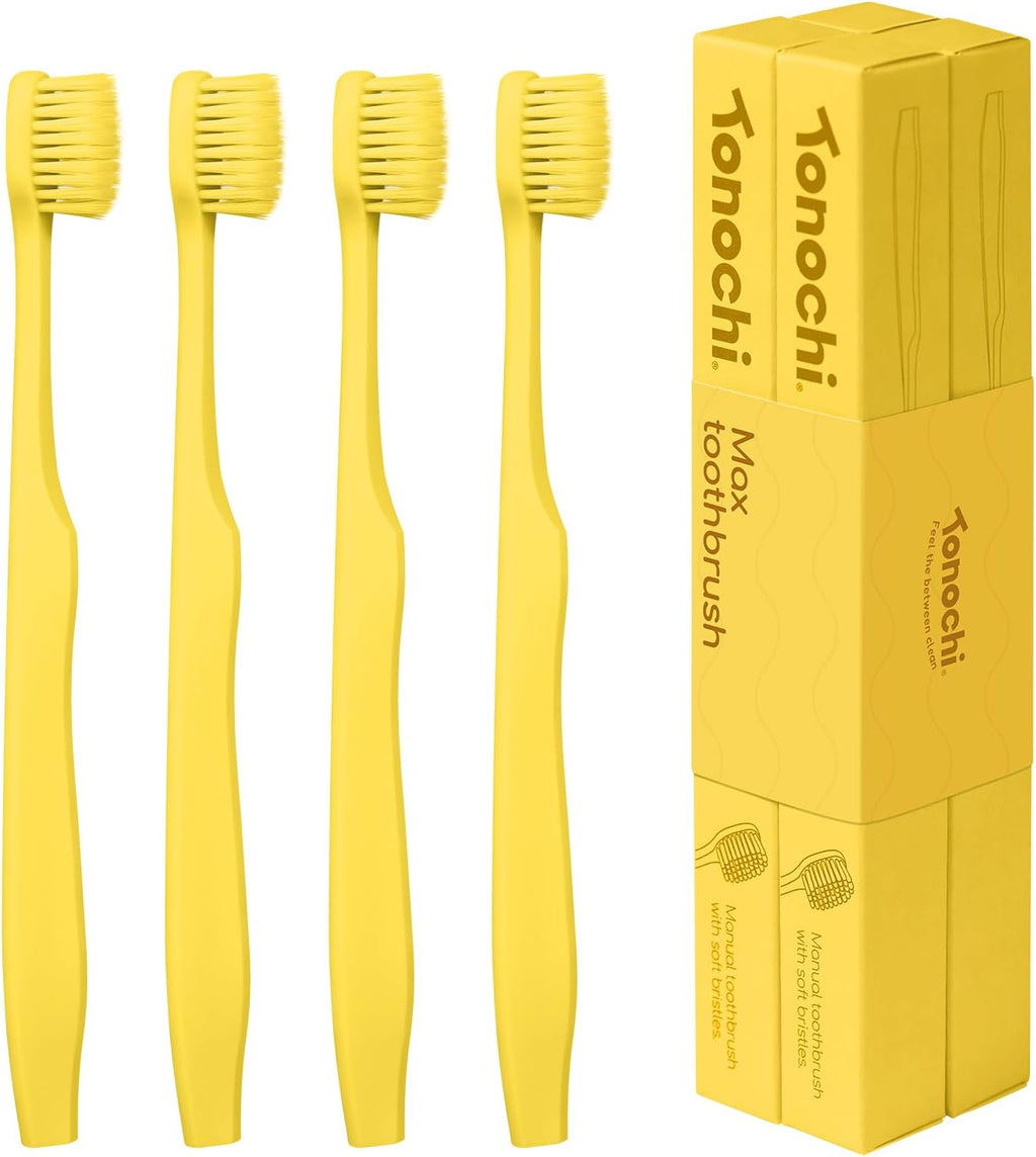 Max Extra Soft Toothbrush for Adults with Sensitive Gums, Soft Bristle Toothbrushes, Wide Head for Back Teeth, Ergonomic Non-Slip Grip, BPA Free, Individually Wrapped, 4 Pack, Lemon Yellow