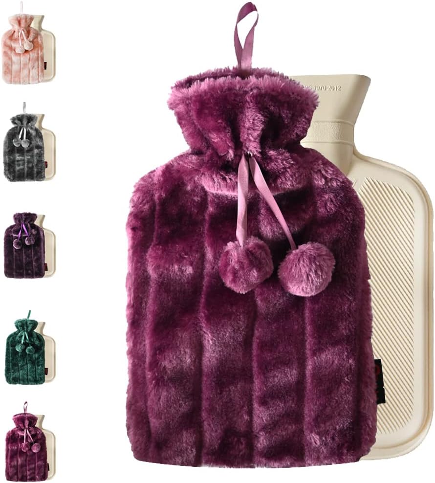 Ram® 2L Luxury Cosy 2 Litre Hot Water Bottle with Faux Fur Berry Cover