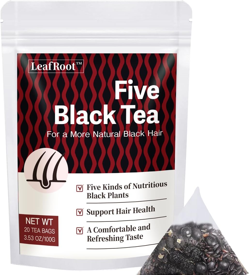 LEAFROOT 20 Teabags Natural Five Black Tea, Wu Hei Sesame Seeds Mulberry Black Wolfberry Tea Combination Chinese Herbal Tea, Hair care for Gray Hair Reverse, Nourishing Liver and Kidney