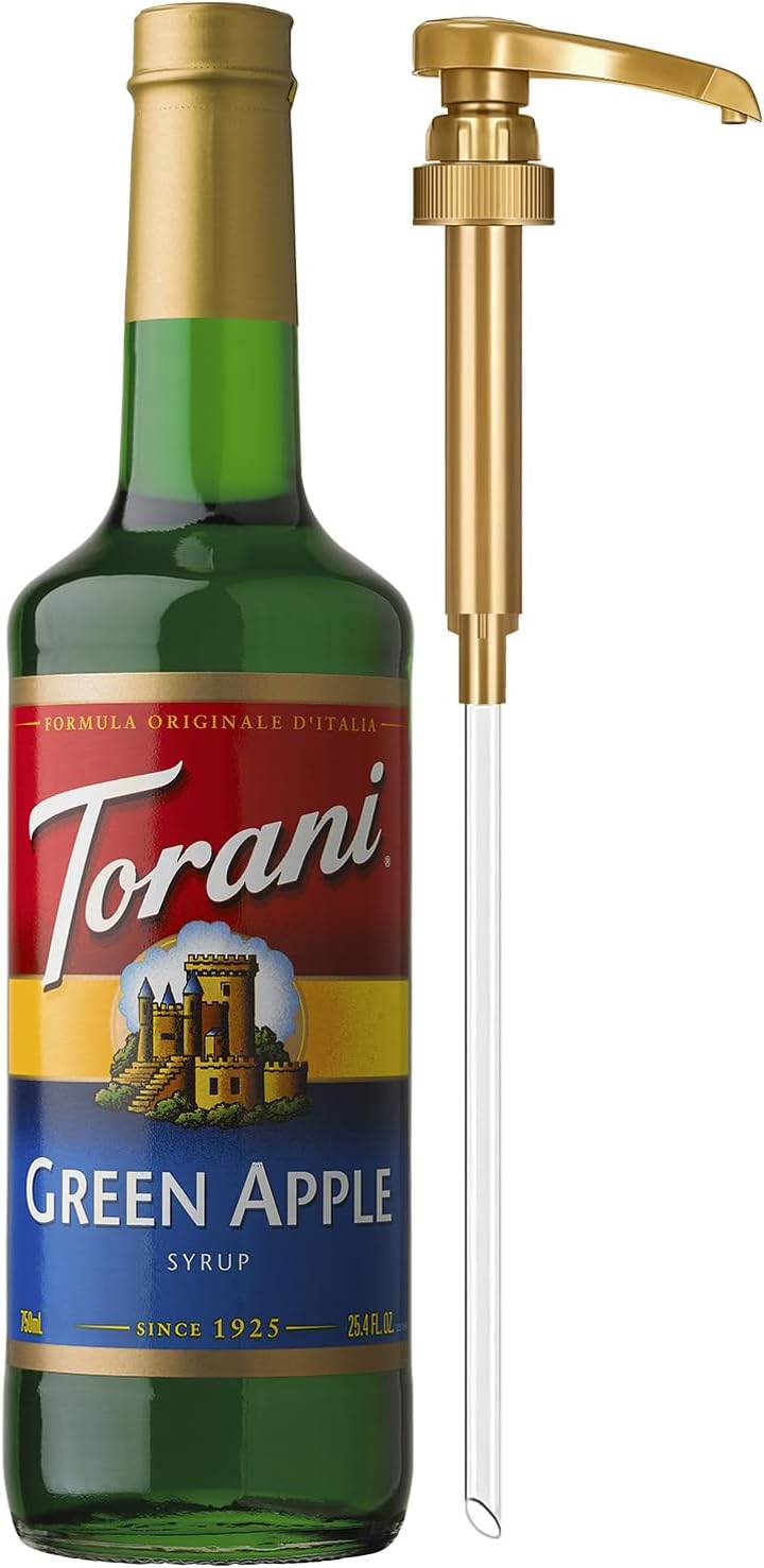 Torani Green Apple Syrup for Drinks, Flavoring for Sodas and Cocktails, Glass Bottle with Pump Included, 25.4 Fl Oz