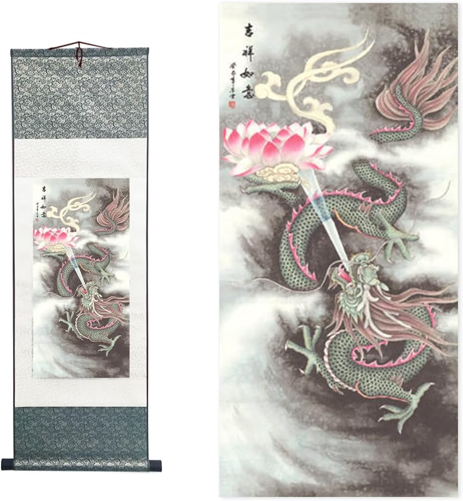 Chinese Brush Painting, Chinese Landscape Ink Painting, Chinese Flower and Bird Ink Painting, Asian Tapestry, Silk Scroll Painting, Decor Chinese Wall Hanging Painting 39*12"/100*30cm (Dragon)