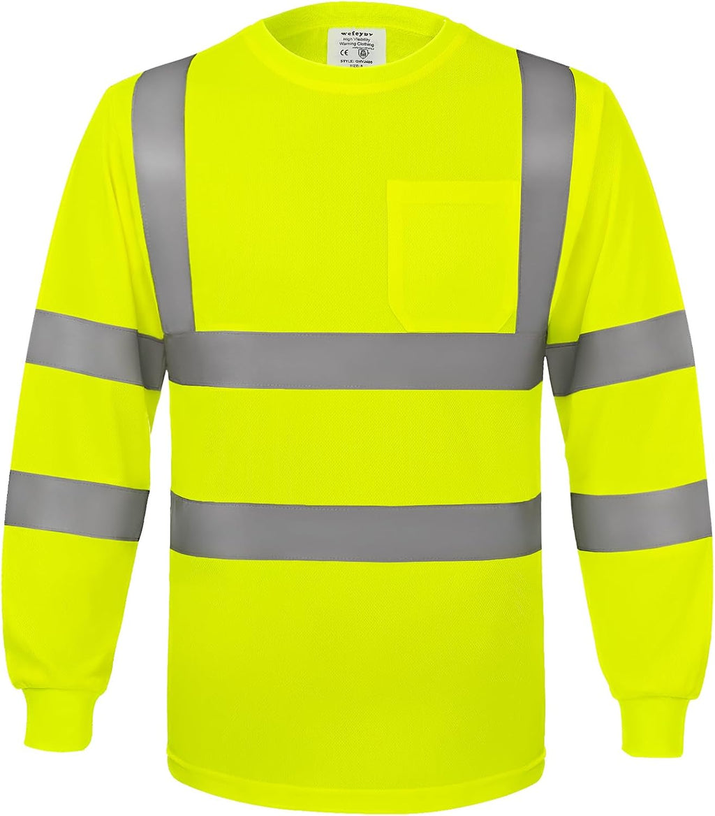 wefeyuv Safety Shirt Long Sleeve High Visibility Reflective Breathable T Shirt for Work Warehouse Construction Class 3