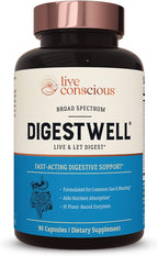 Live Conscious DigestWell Immediate Support - Fast-Acting Digestive Support | Broad Spectrum Enzyme, Probiotic & Herbal Formula - Decreases Everyday Gas & Bloating - 90 Capsules