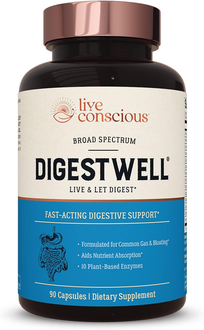 Live Conscious DigestWell Immediate Support - Fast-Acting Digestive Support | Broad Spectrum Enzyme, Probiotic & Herbal Formula - Decreases Everyday Gas & Bloating - 90 Capsules