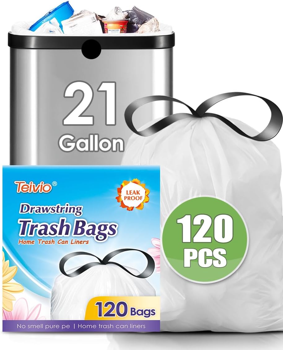 21 Gallon 120 Counts Strong Drawstring Trash Bags Garbage Bags by Teivio, Bathroom Trash Can Bin Liners, Plastic Bags for home office kitchen, White