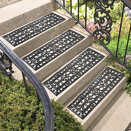 Yesland 4 Pack Rubber Stair Treads - 29.5 x 10 Inch Outdoor Stair Treads with Scroll Pattern Design Black Outdoor Step Mats - Anti Slip Tread Mat for Stairs