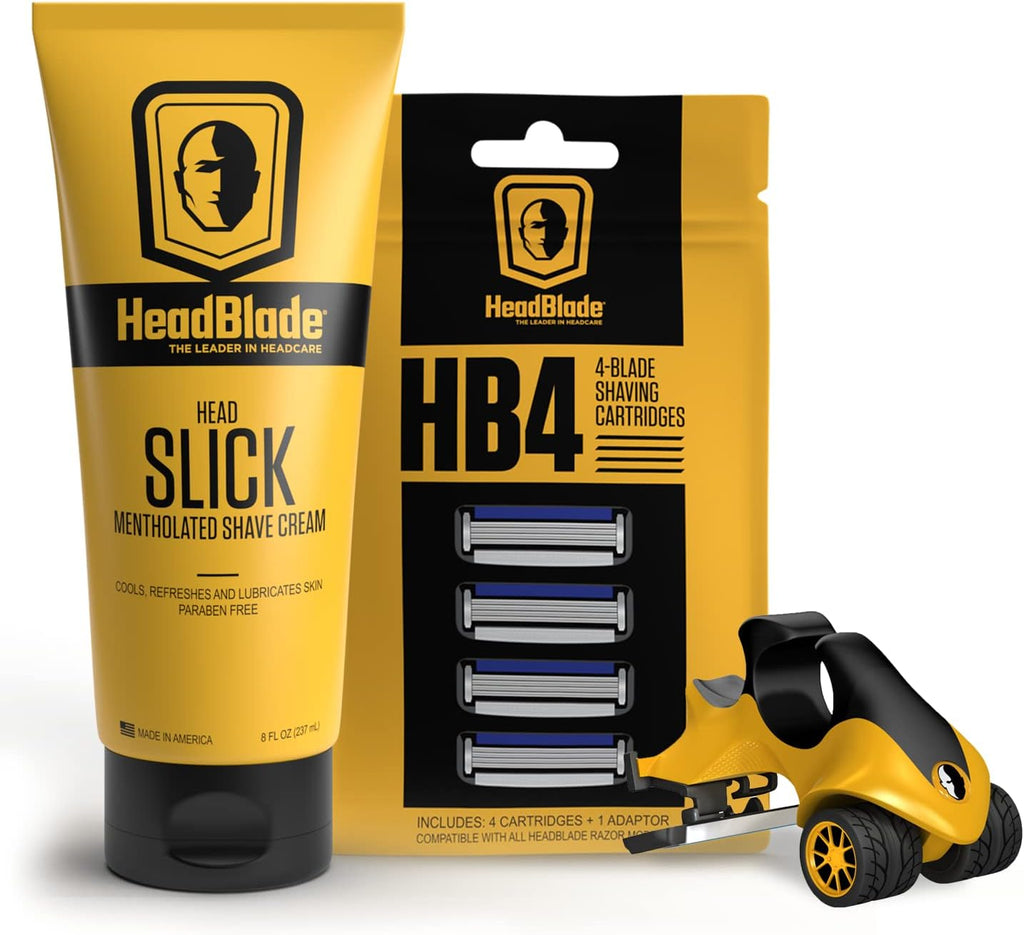 ATX Men's Head Shaving Basics Bundle with 8oz HeadSlick Cream, Razor, Blade Refills - Close Shave Kit with An Easier and Faster Shave