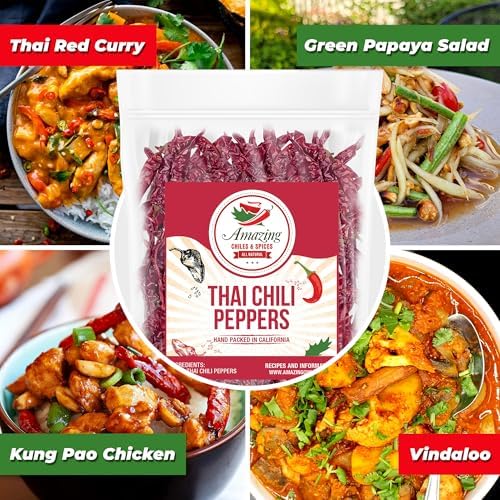 Authentic Red Thai Chili Peppers, 5 oz. Bag, Genuine Hot Red Whole Pepper Chilis, Dried Fresh for Cooking Traditional Asian Foods, Soups, and Curry by Amazing Chiles & Spices